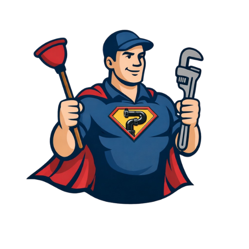 Plumber superhero with cape, plunger, and wrench ready to save the day